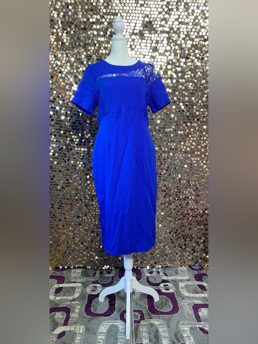 Blue midi dress with lace detail and short sleeve size medium #1527